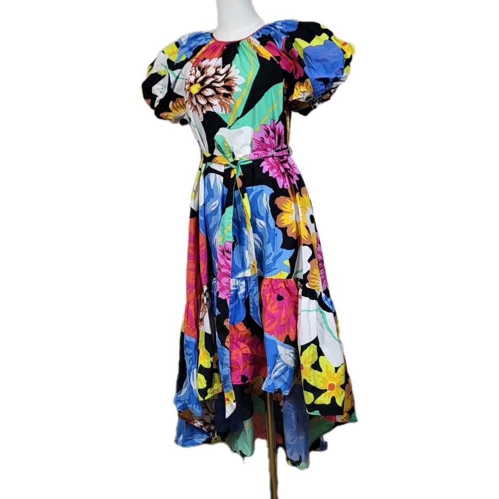 Christopher John Roger Dress XS Multicolor Floral Cotton Maxi Puff Sleeve Belted